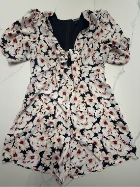Express Floral Puff Sleeve Romper - Black, Cream & Burgundy L